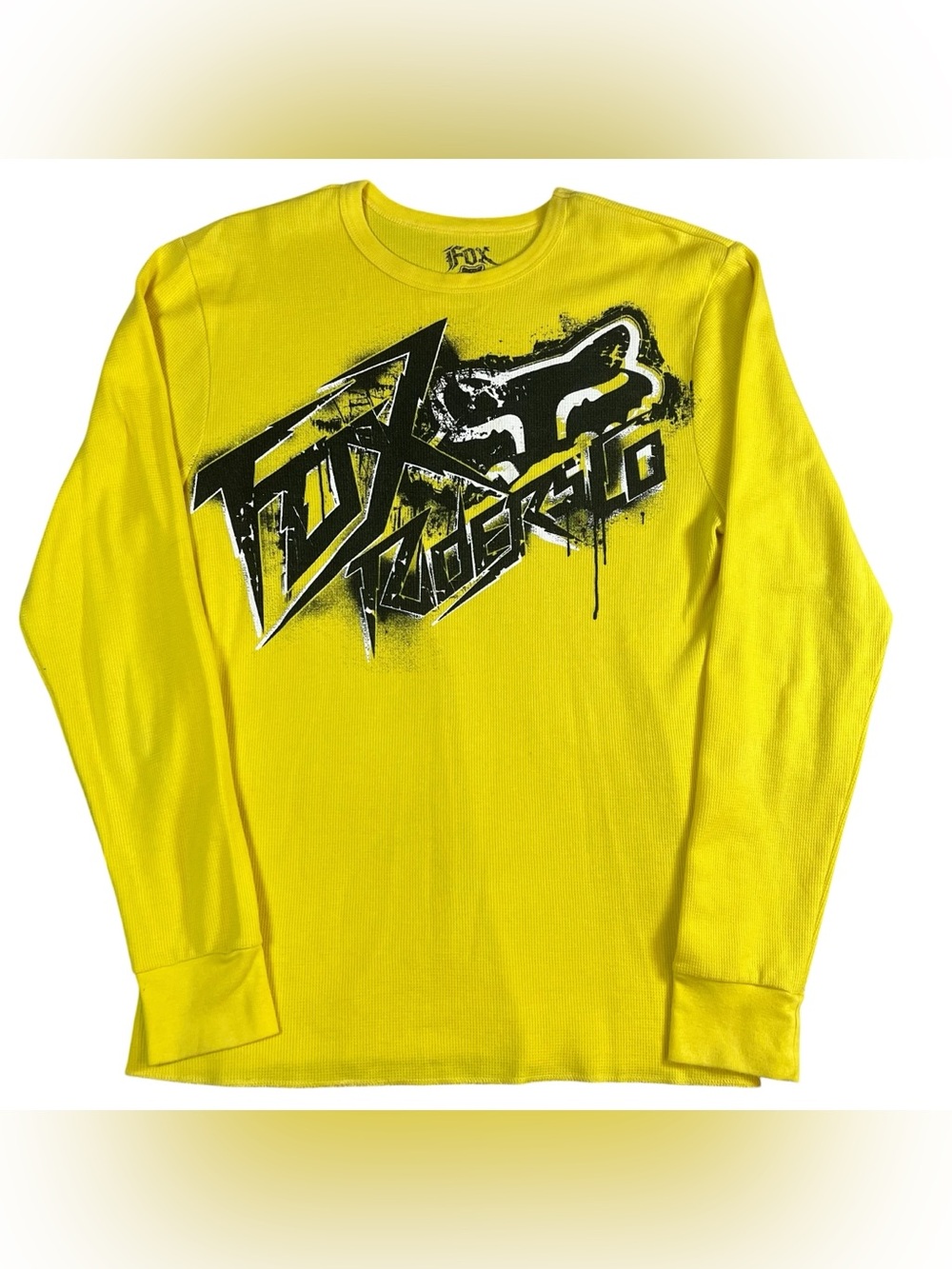 Fox Racing Shirt Mens Large Yellow Graphic Print Waffle Thermal Long Sleeve Y2K